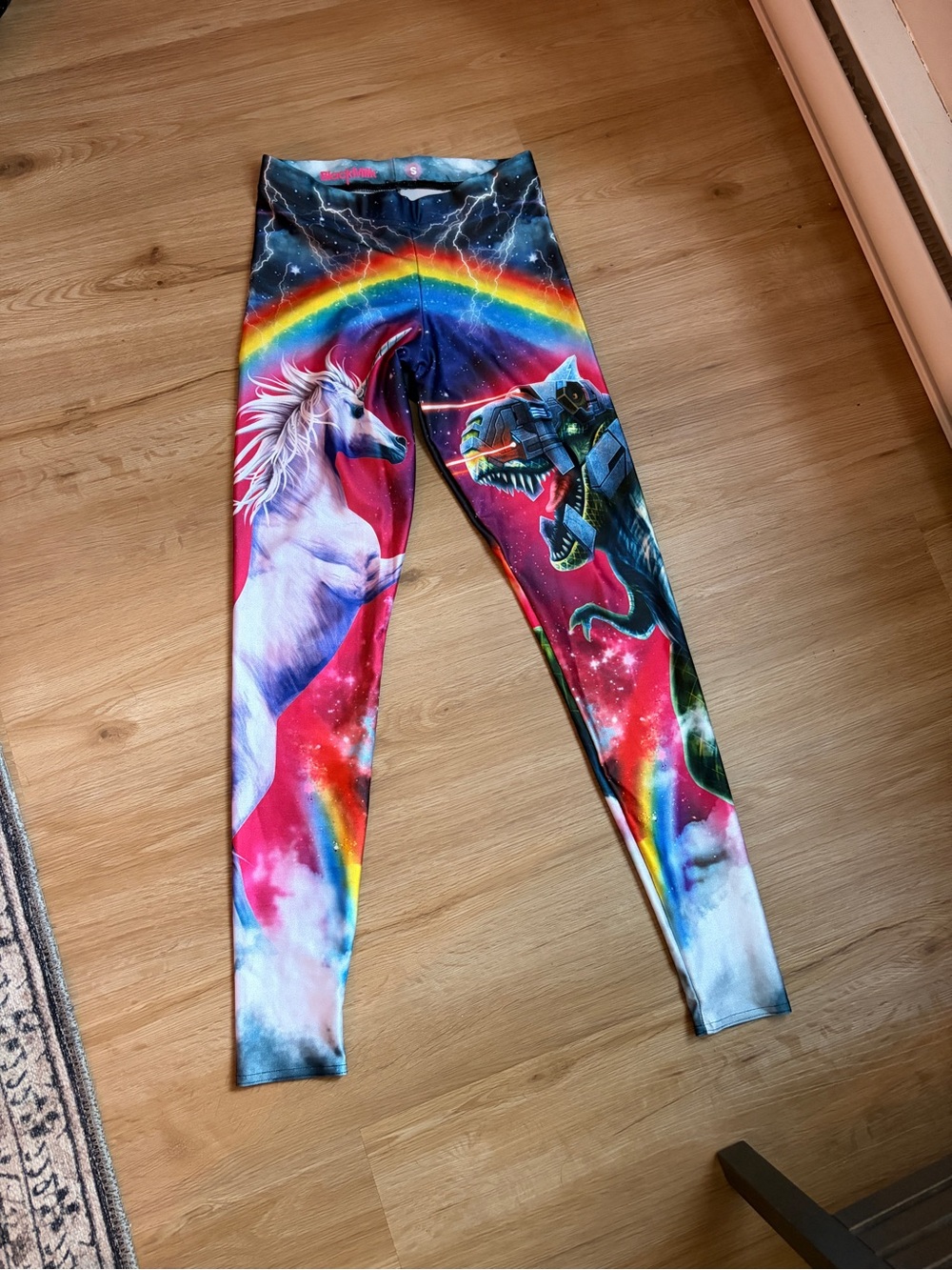 Blackmilk Multicolor Rainbow Unicorn vs T-Rex Leggings